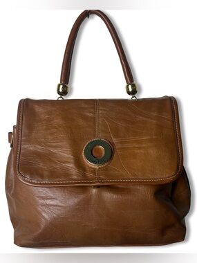 Vintage Capezio Brown Leather Flap Satchel Handbag Gold Tone Hardware 70s